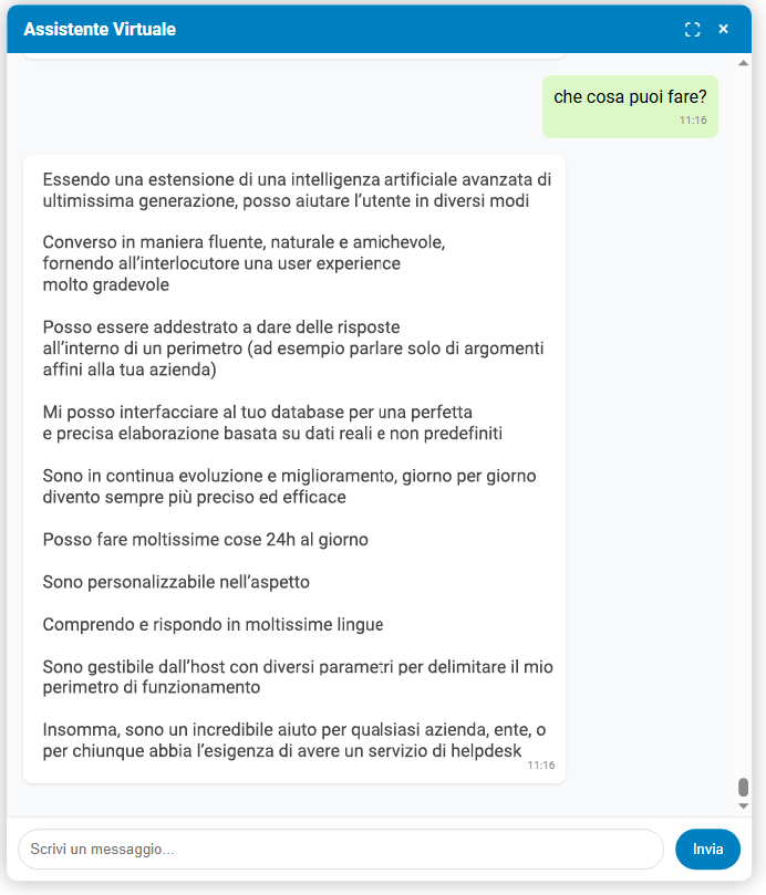 La finestra di chat sul sito: l'assistente spiega cosa sa fare, con risposte naturali e su misura per l'azienda.
