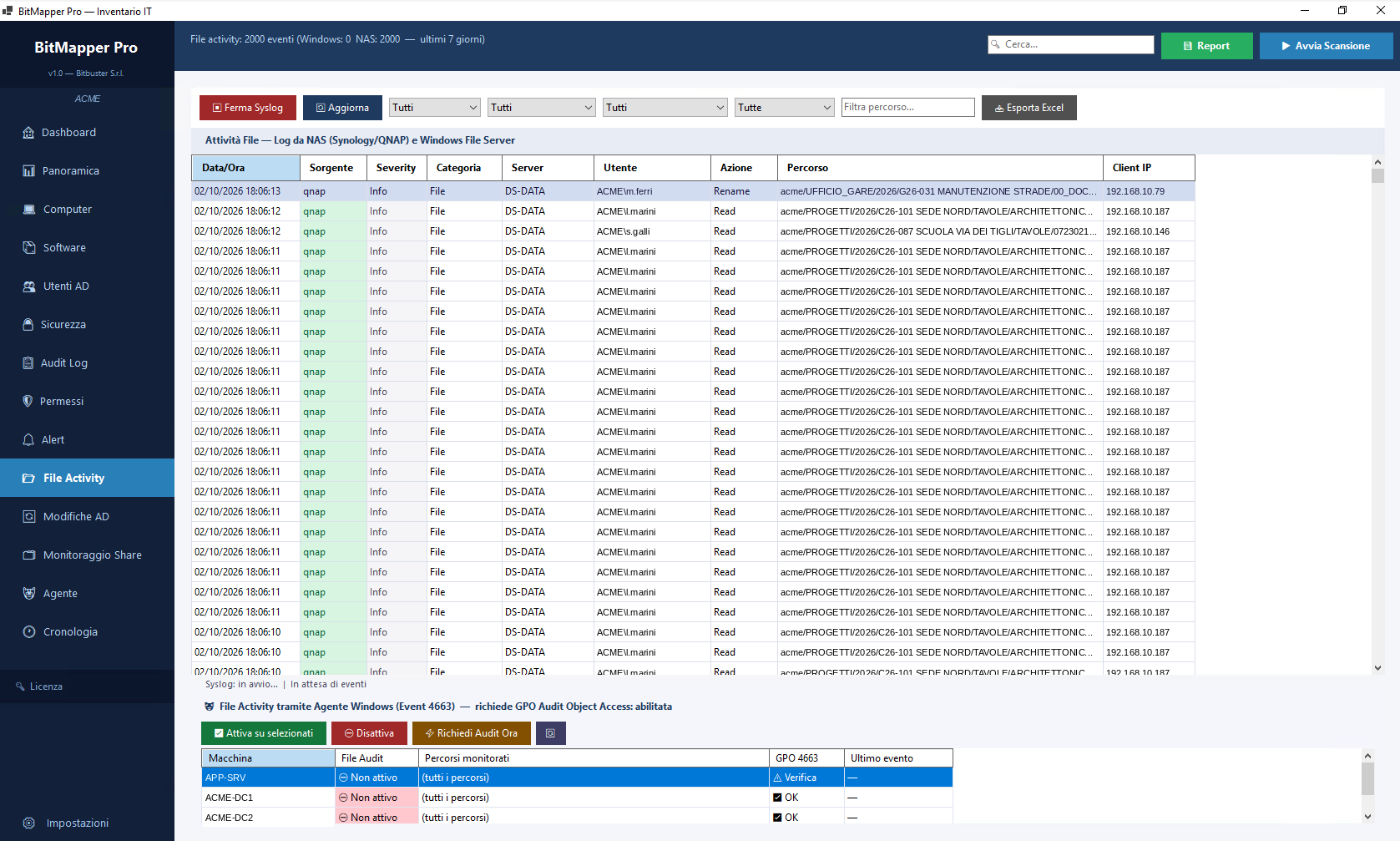 Attività sui file: ogni lettura, modifica e rinomina sui file server Windows e sui NAS Synology e QNAP, con utente, percorso e postazione.