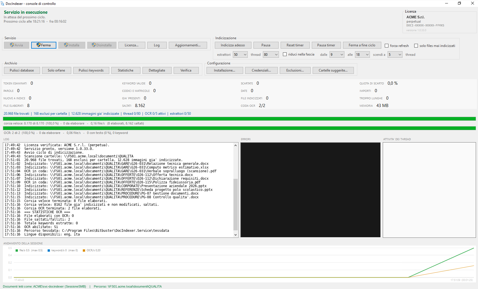 La console di controllo: stato del servizio, avanzamento di indicizzazione e OCR, carico ridotto nelle ore di ufficio.